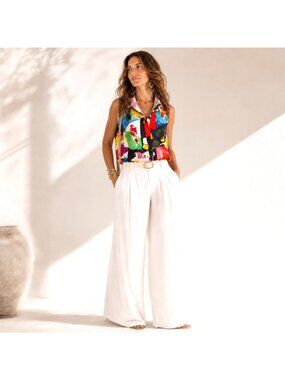 Artsy Boho 70s Colorful Sleeveless Button-Up Collared Blouse Top Adore Women S